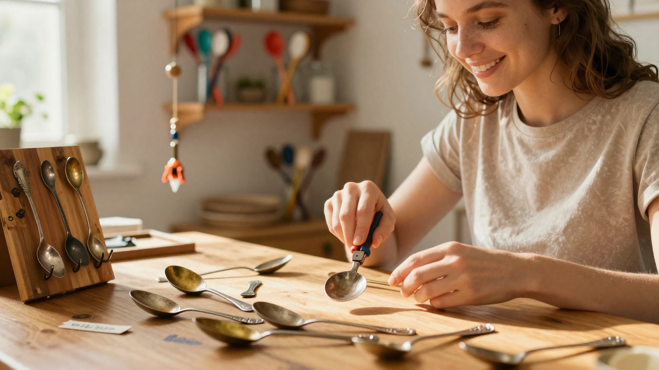 Woman smiling while examining a collection of vintage spoons on a wooden table in a sunlit room.