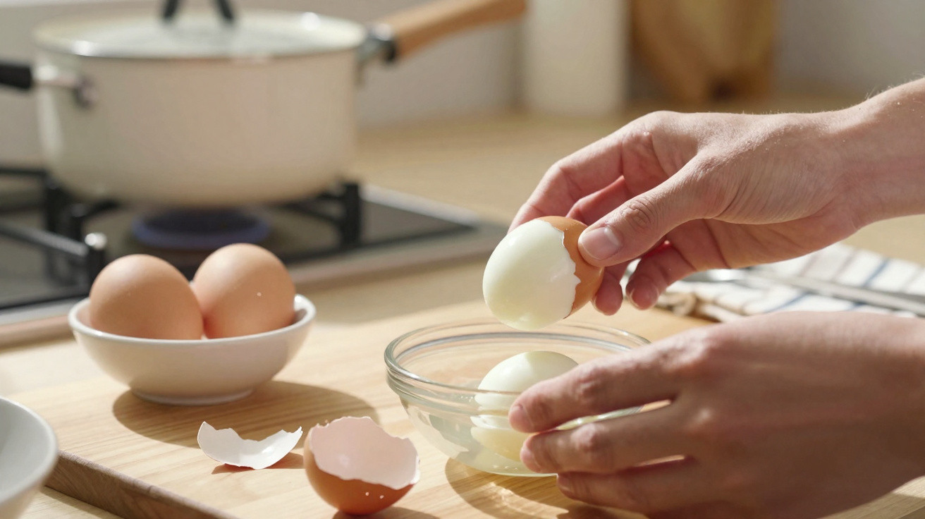 Hands peeling a boiled egg over a glass bowl with eggshells on a wooden cutting board in a kitchen.