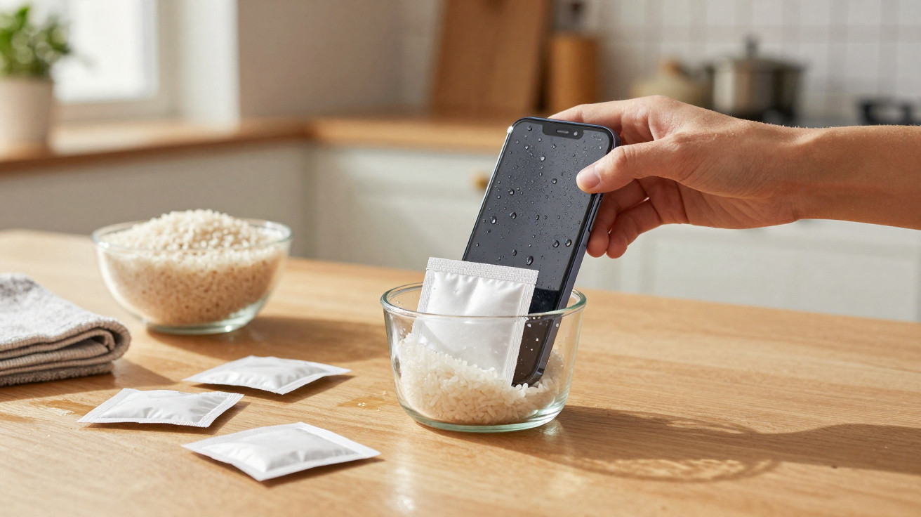Hand placing a wet smartphone and moisture-absorbing sachet into a bowl of uncooked rice on a wooden table.