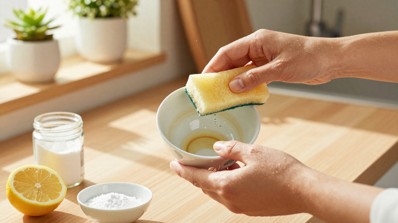 Hands scrubbing a teacup with a sponge on a wooden countertop with lemon and baking soda nearby.
