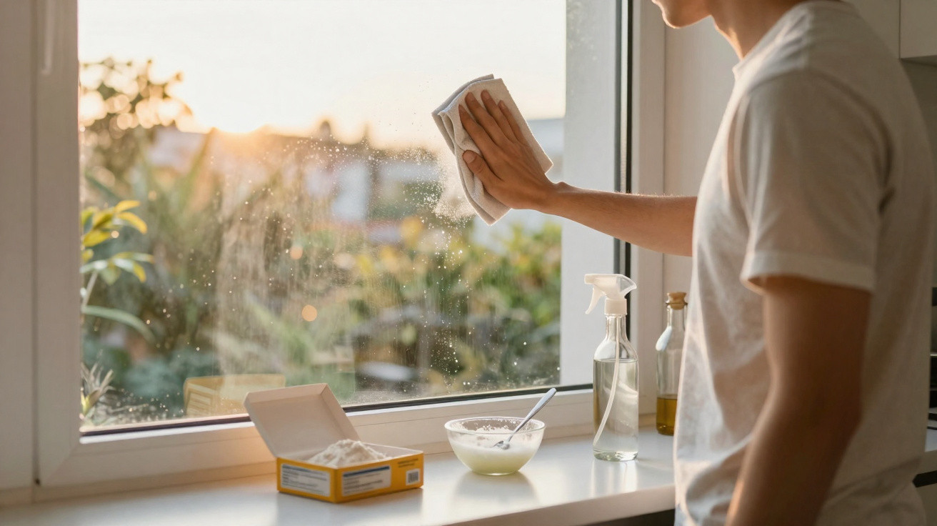 Person cleaning a window with a cloth and natural cleaning ingredients on the windowsill at sunset.