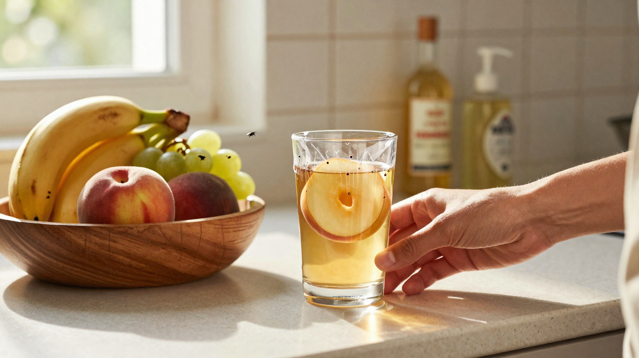 Hand reaching for a glass of apple-infused drink on a kitchen counter next to a bowl of fresh fruit.