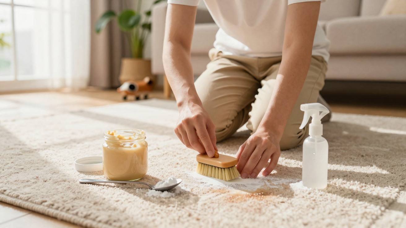 Person scrubbing a stain on a beige carpet with a brush, spray bottle, and cleaning paste nearby.