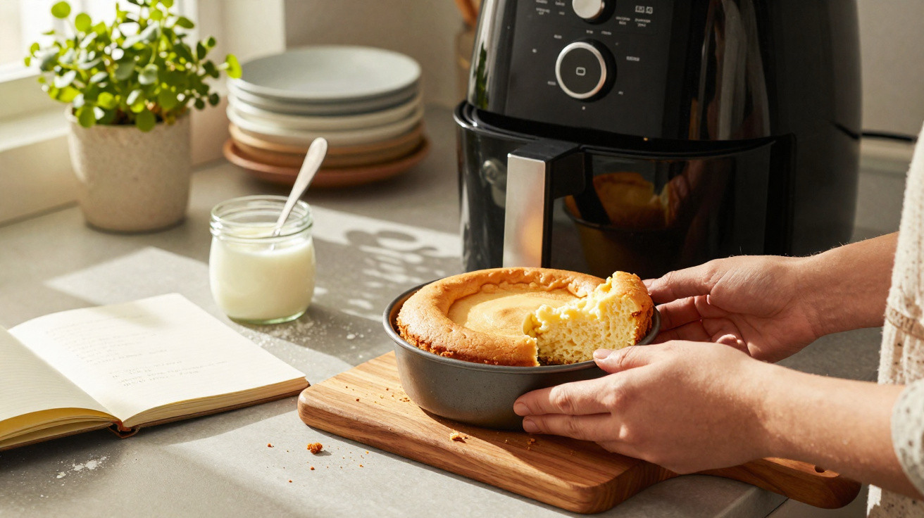Hands holding a freshly baked cake in a round tin on a wooden board beside an air fryer on a kitchen counter.