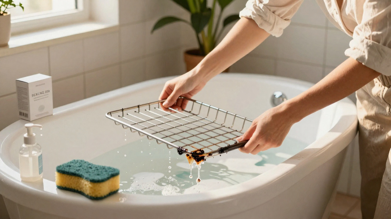 Person cleaning a burnt baking rack over a filled bathtub with cleaning supplies nearby.