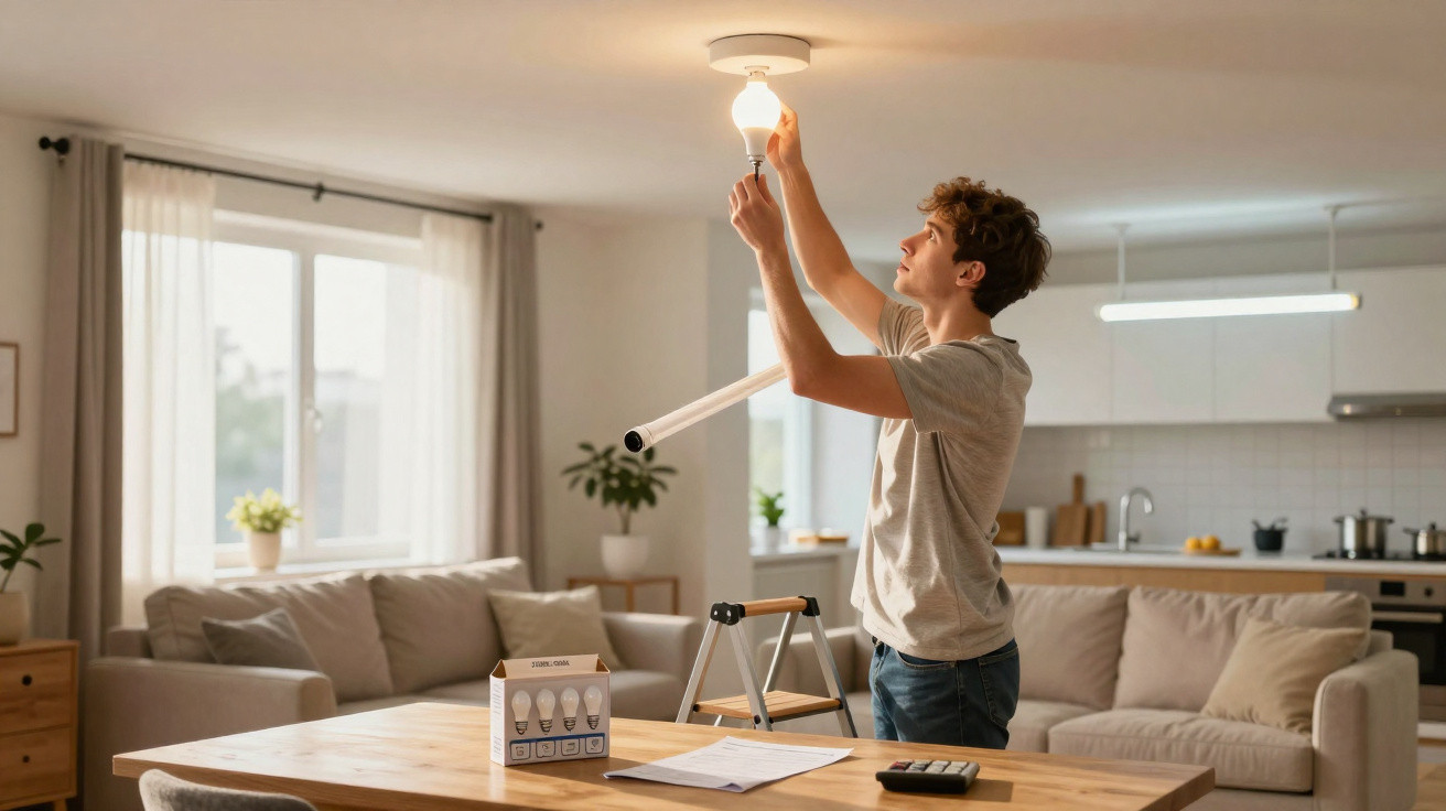 Young man changing a light bulb in a bright, modern living room with kitchen in the background.