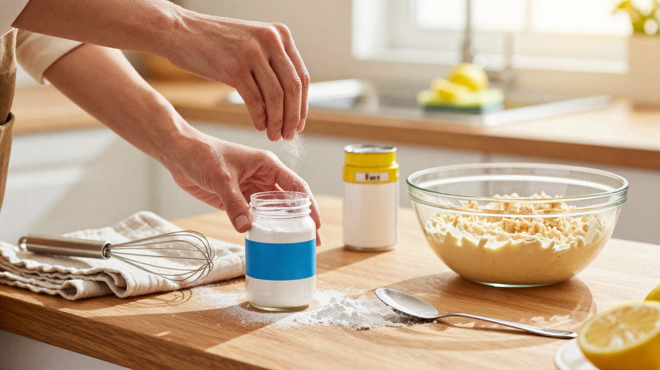 Hands sprinkling baking powder over a wooden table with a bowl of batter and kitchen utensils nearby.