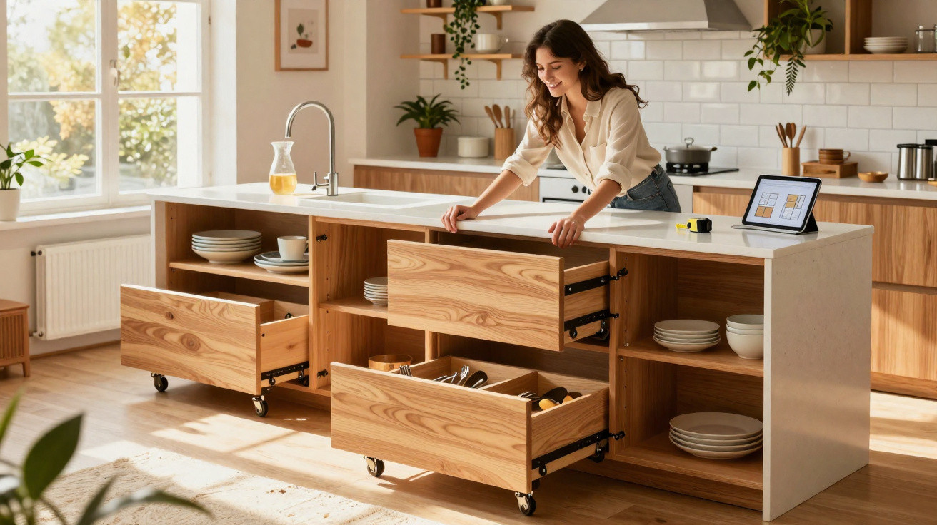 Woman organising wooden kitchen island drawers in a bright modern kitchen with plants and tablet on counter.