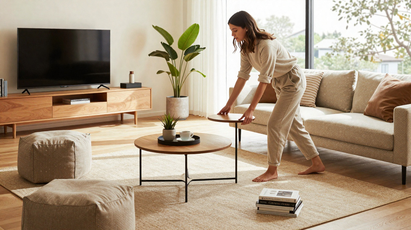 Woman adjusting a small wooden side table in a bright living room with beige sofa and wooden TV unit