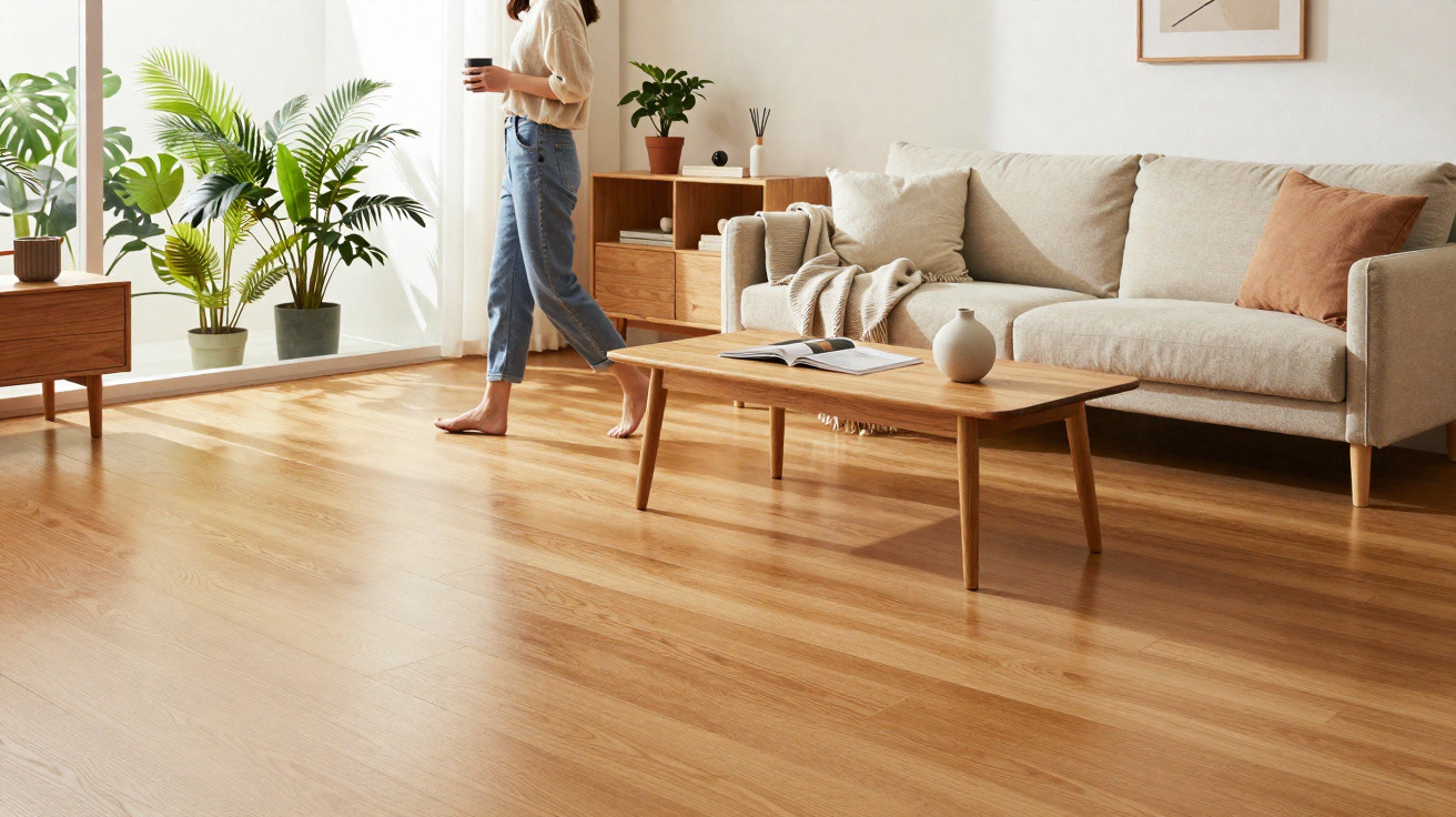 Person walking barefoot in a bright living room with wooden floor, beige sofa, coffee table, and green plants.