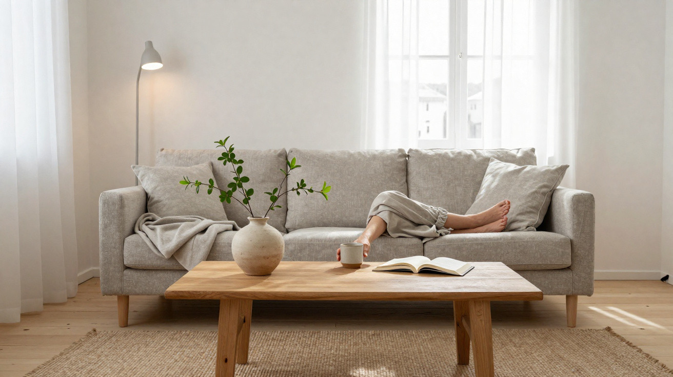 Modern living room with beige sofa, wooden coffee table, vase with branches, and person relaxing with a mug and book.