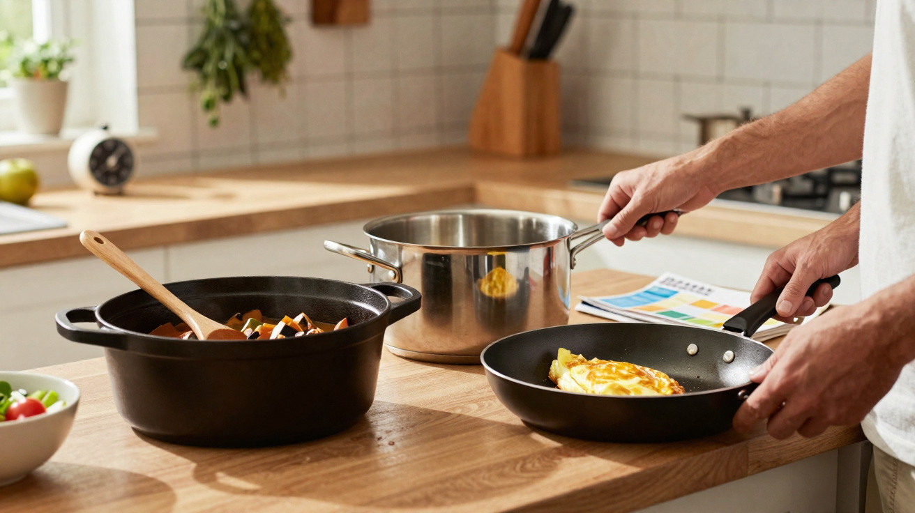 Person cooking an omelette in a frying pan on a wooden kitchen countertop with pots and vegetables nearby.