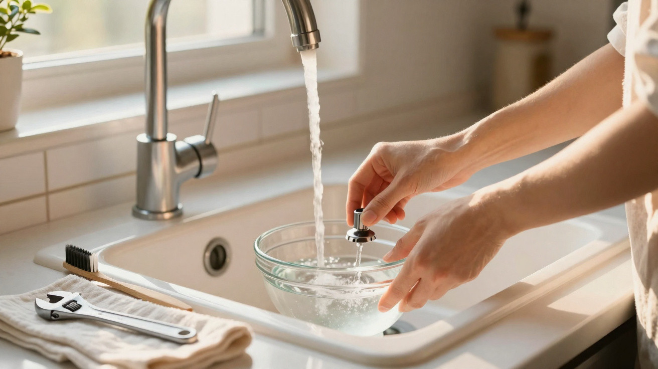 Person rinsing a metal sink stopper in a glass bowl under running kitchen tap water in a bright sink area.
