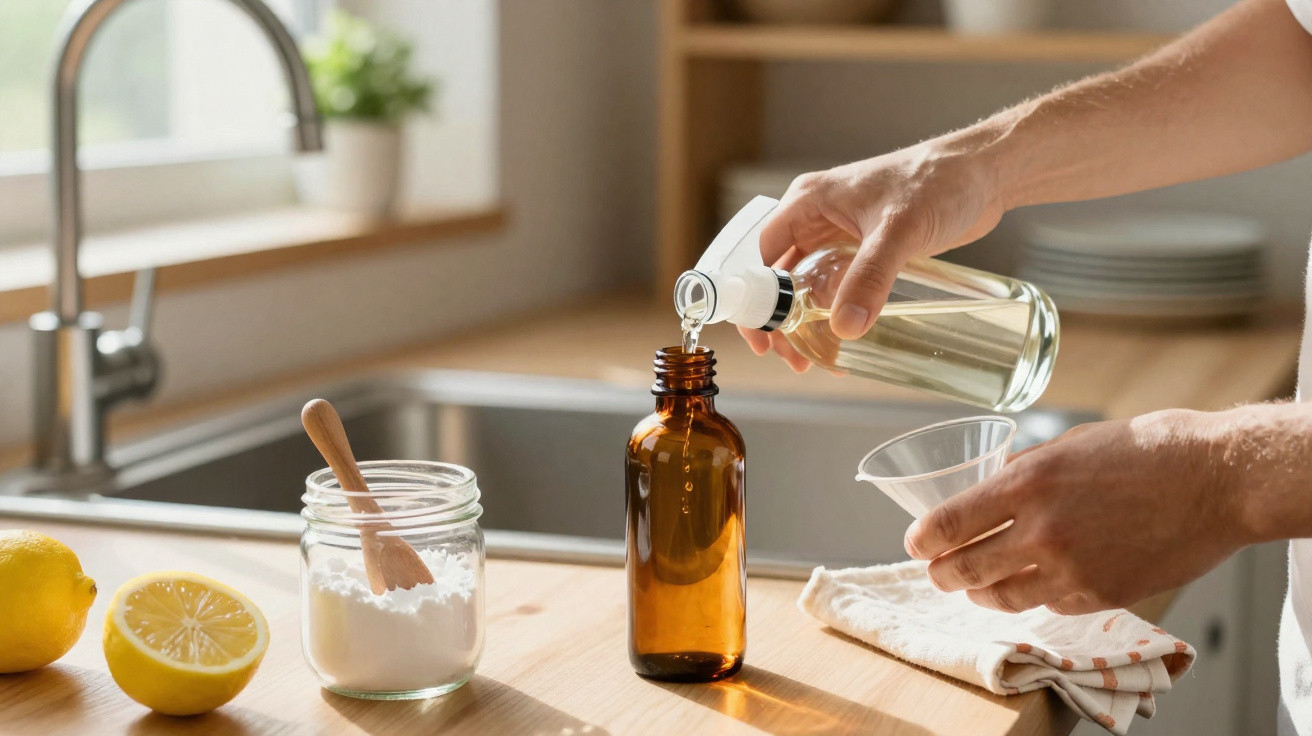 Person pouring liquid into a brown bottle on a kitchen counter with lemons and powder nearby