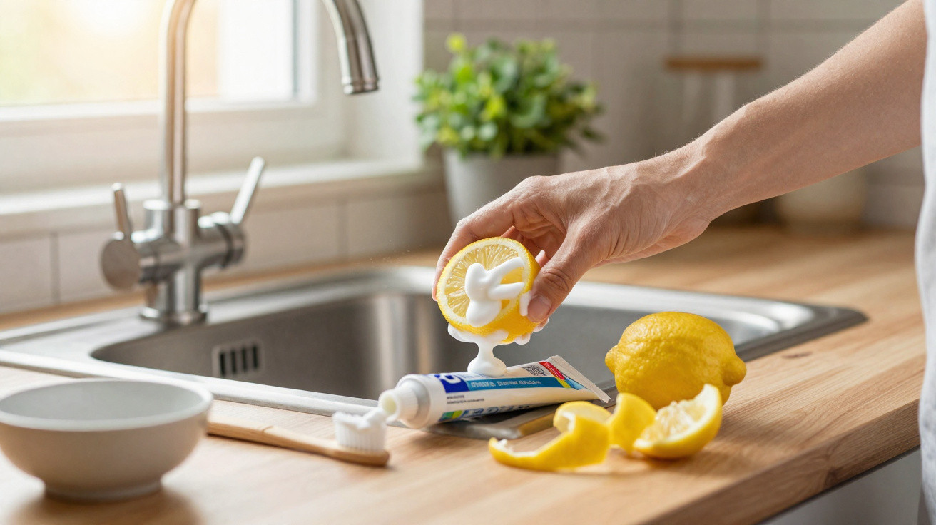 Hand squeezing a lemon with toothpaste oozing out onto a lemon half by a kitchen sink with lemon peels nearby.