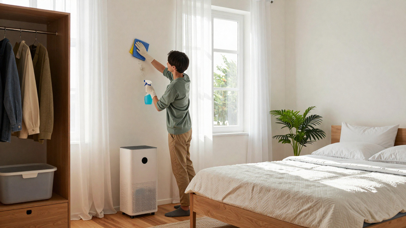 Person cleaning a bedroom wall near a window with a spray bottle and cloth during daylight.