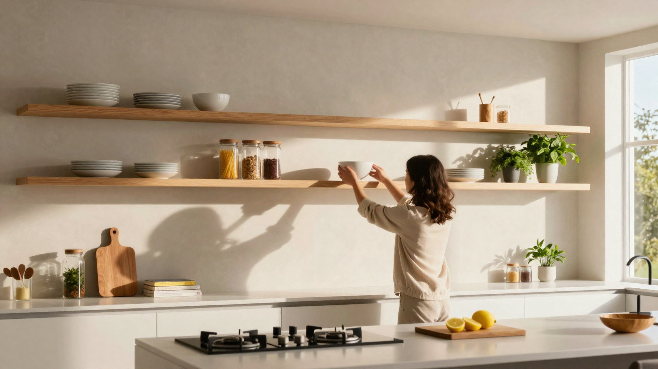 Woman placing a bowl on a wooden shelf in a bright, modern kitchen with plants and cooking jars.