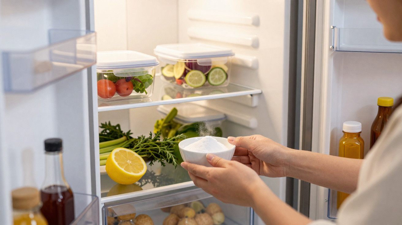 Person holding a small bowl of baking soda inside an open fridge with fresh vegetables and drinks.