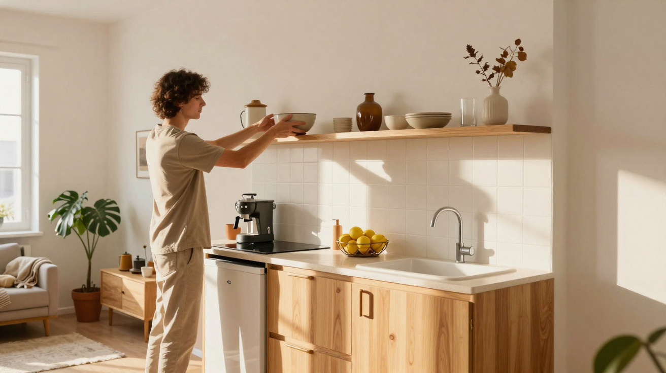 Person placing a bowl on a wooden kitchen shelf in a bright, minimalistic kitchen with natural light.