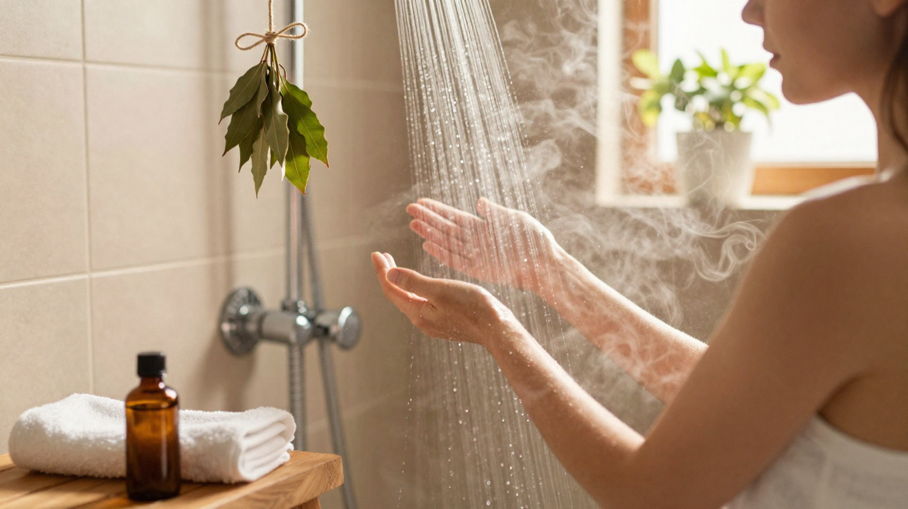 Person holding hands under steaming water in bright bathroom with towel and bottle on wooden stool