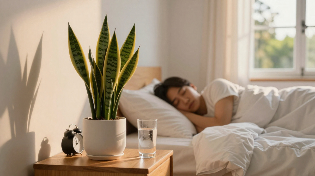 Snake plant in white pot, glass of water, and alarm clock on bedside table next to sleeping person in bed