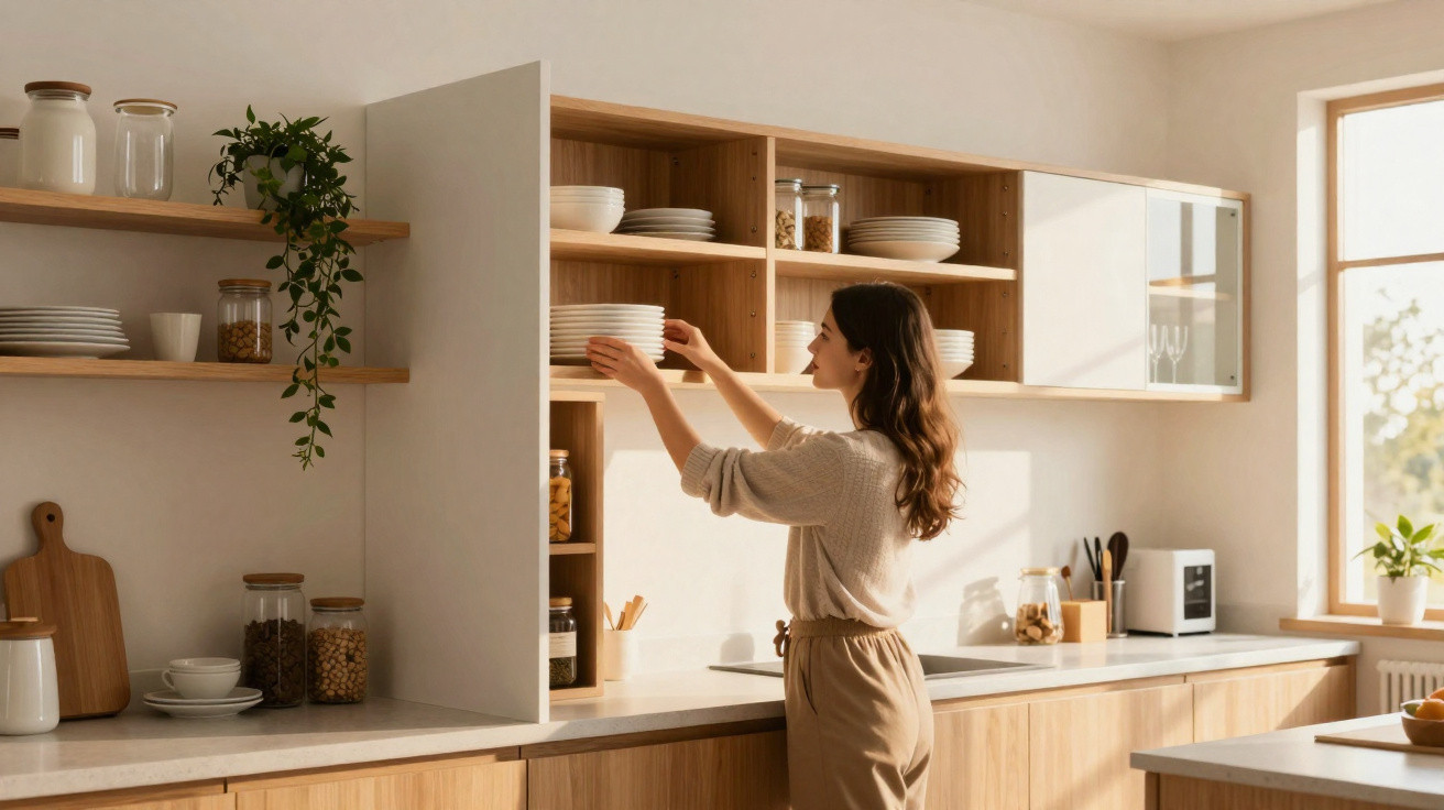 Woman organising white plates on wooden kitchen shelves in a bright, modern kitchen with natural light.