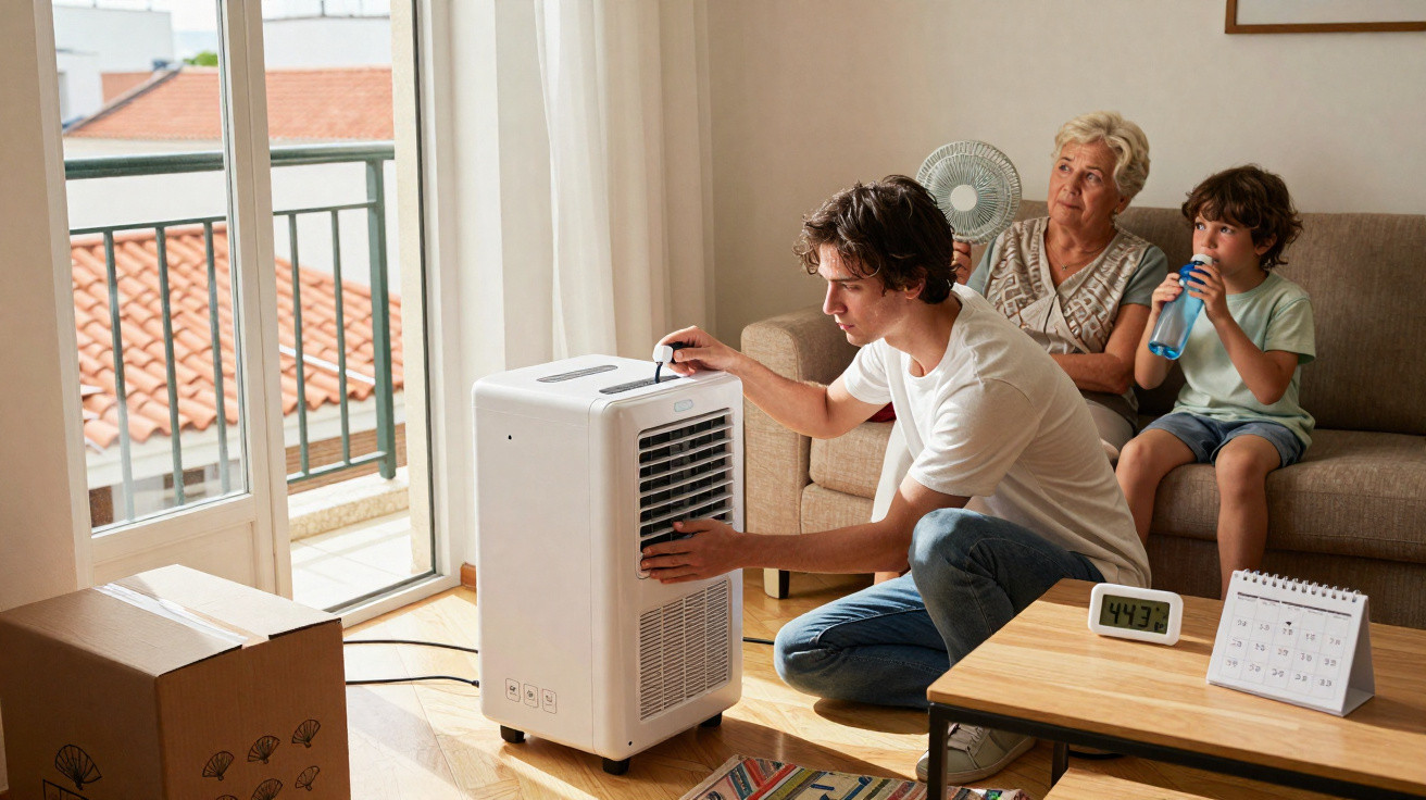 Young man adjusting a portable air conditioner in a living room with an elderly woman and child sitting on a sofa.