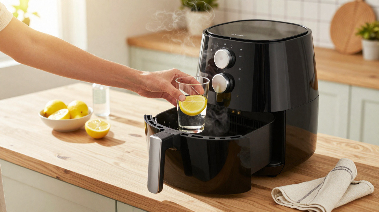Hand placing a glass with lemon slice into the basket of a black air fryer on a wooden kitchen counter.