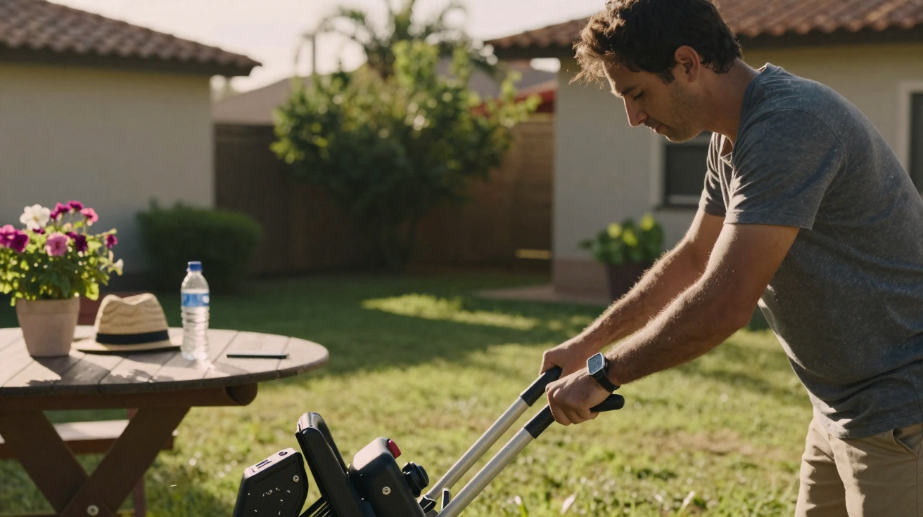 Man in a grey t-shirt using a lawn mower in a sunny backyard with a table holding flowers, a hat, and a water bottle.