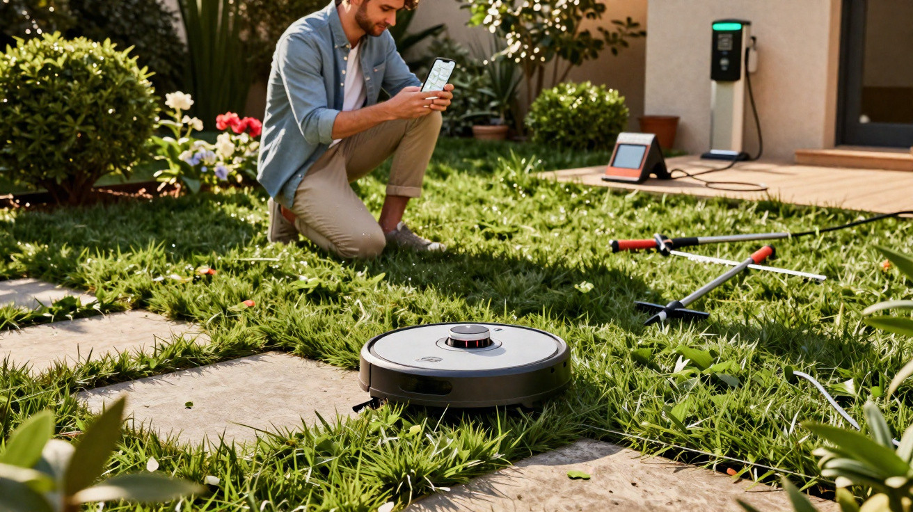 Man using smartphone to control robotic lawn mower in garden with gardening tools nearby on grass.