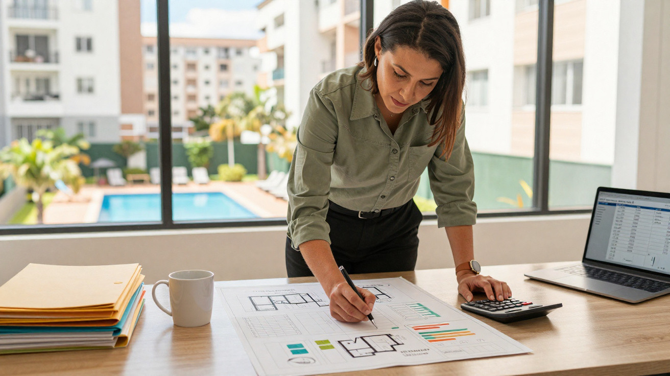 Woman analysing architectural plans with calculator and laptop in modern office by window