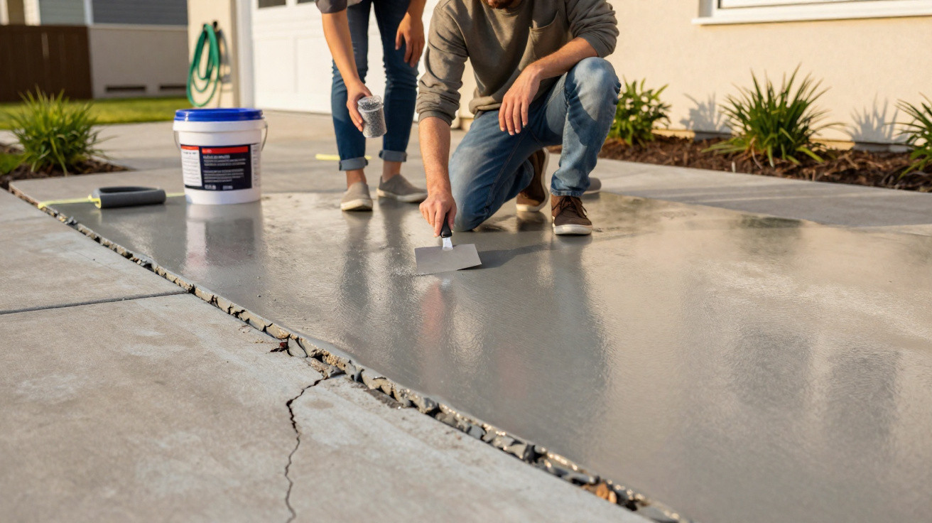 Two people repairing and smoothing a cracked concrete driveway outside a house.