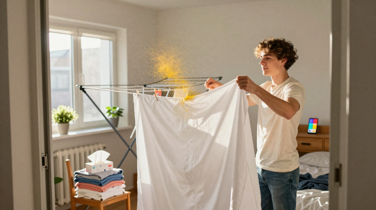Young man shaking yellow powder from a white sheet inside a bright bedroom with a drying rack.