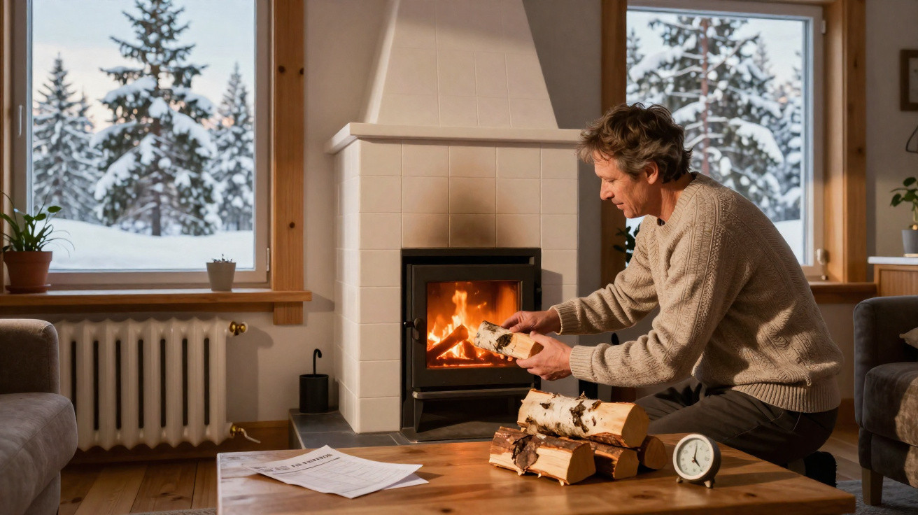 Man placing firewood into a lit wood-burning stove in a cosy room with snowy windows.