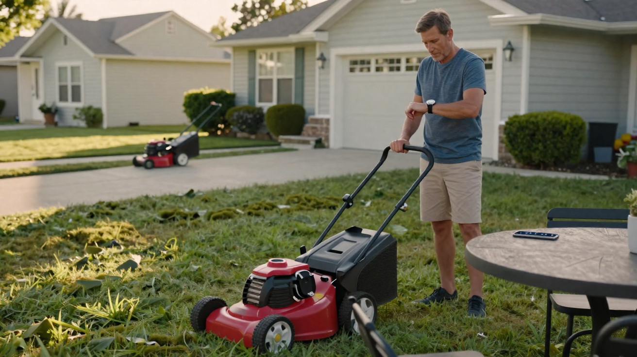 Man in shorts checking smartwatch while standing next to red lawnmower on uncut suburban lawn.