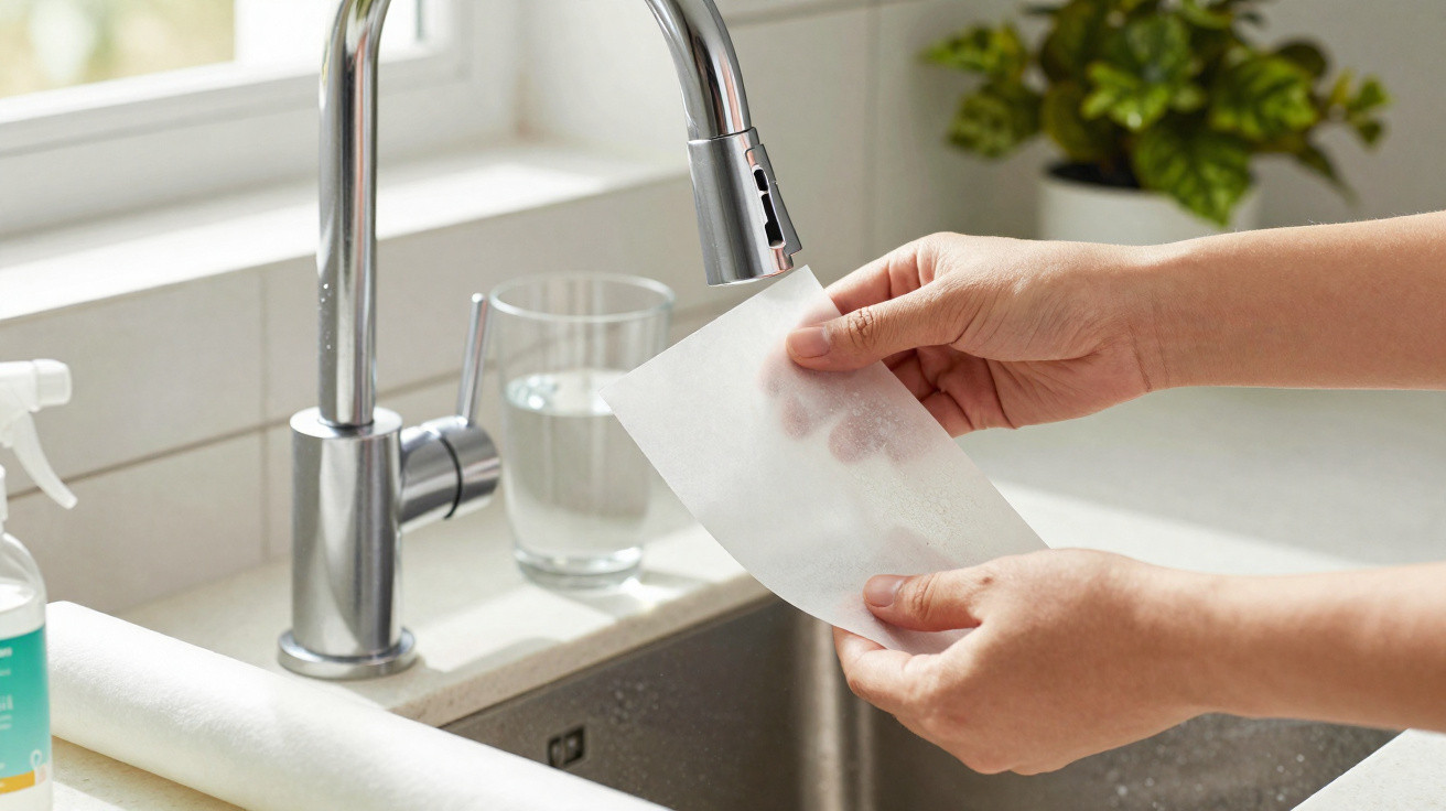 Hands holding a translucent sheet under a kitchen tap with a glass of water and plant in the background.