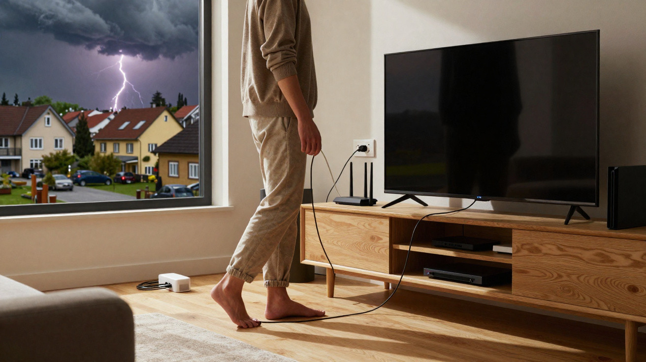 Person unplugging a TV in a living room as lightning strikes outside through the window.