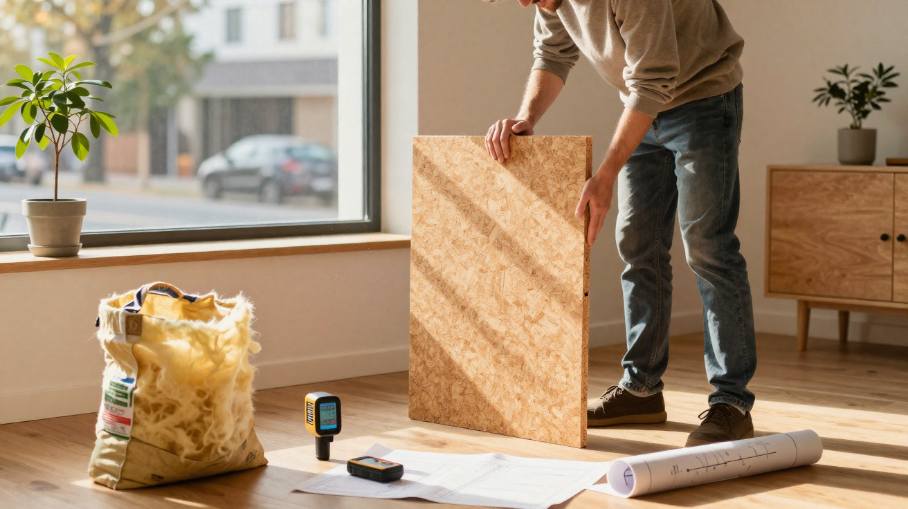 Person holding a wooden board indoors near insulation material, laser measure, and floor plans on the floor.