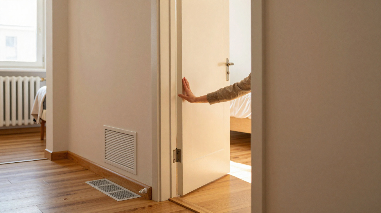 Hand opening a white door into a sunlit room with wooden flooring and a bed visible.