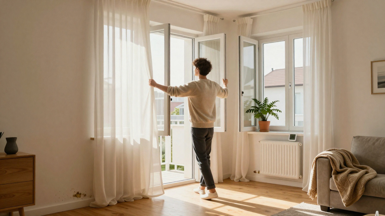 Person opening sheer curtains in bright, cosy living room with wooden floor and potted plant.
