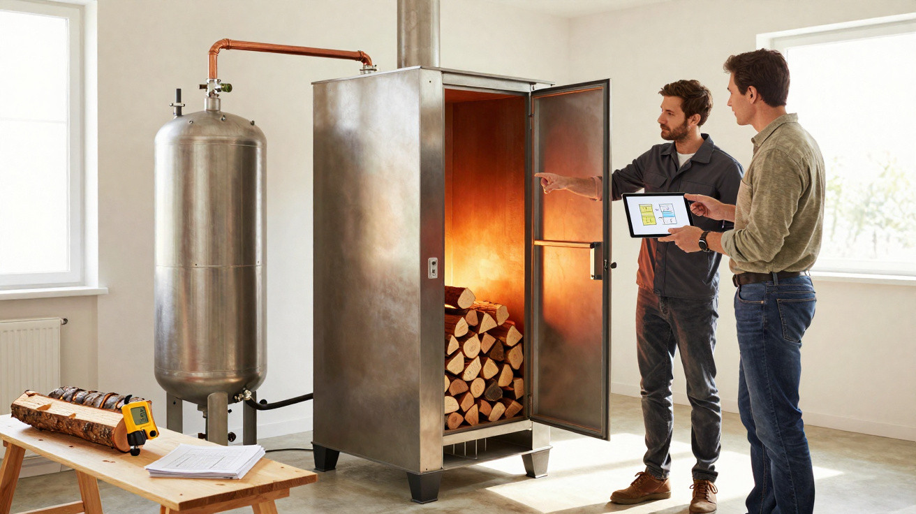 Two men inspecting a wood-fired furnace with a tablet in a bright industrial room.