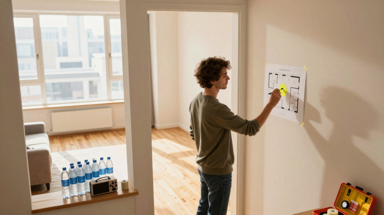 Man examining a floor plan taped to a wall in a furnished, sunlit room.