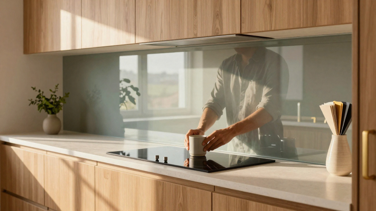 Person placing a white cup on a modern kitchen stovetop with wooden cabinets and a glass backsplash.