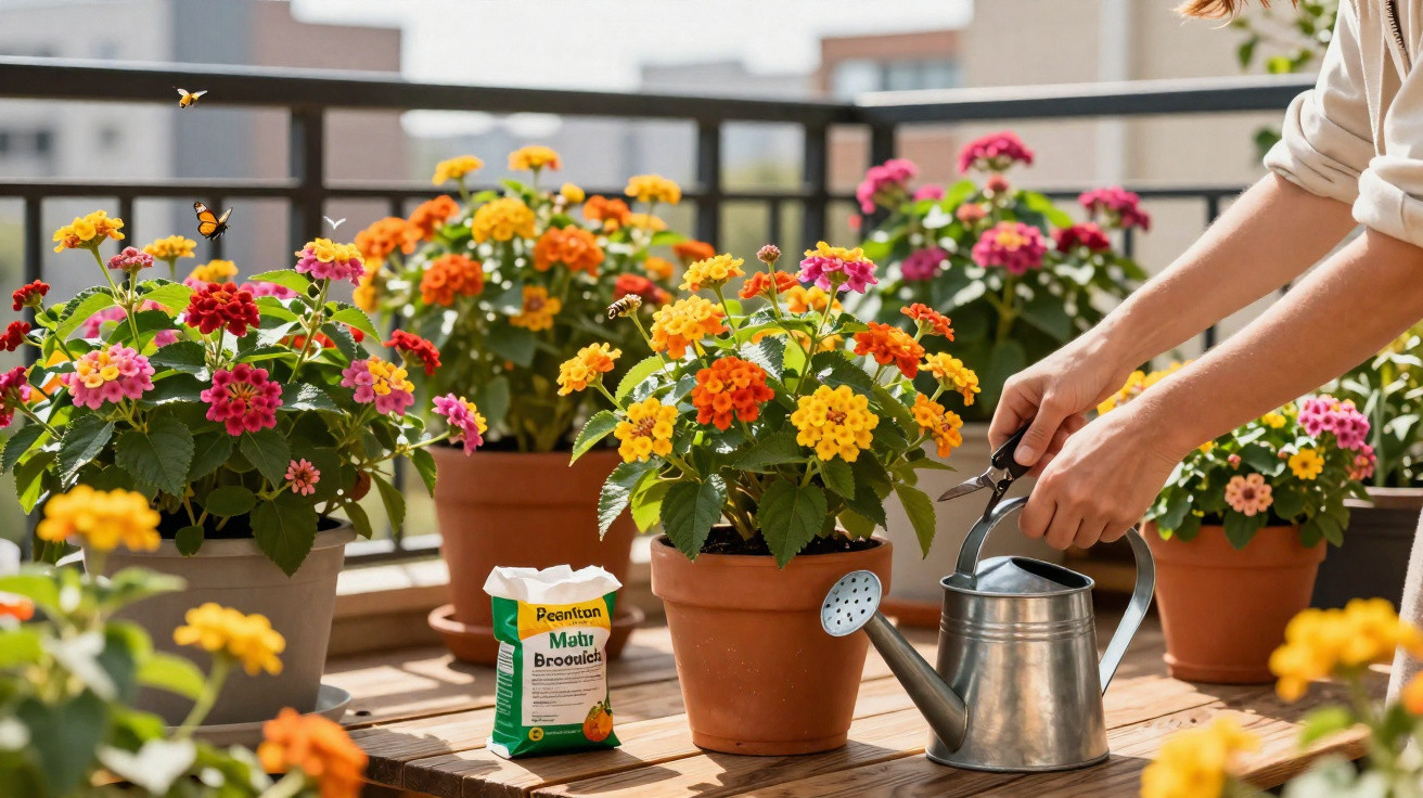 Person pruning colourful lantana flowers on a balcony with a watering can and gardening feed nearby.