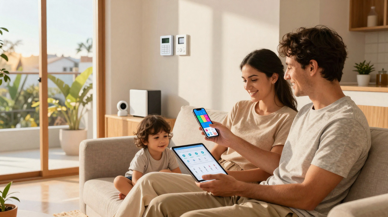 Family of three sitting on a sofa using smart home devices on a tablet and smartphone in a bright living room.