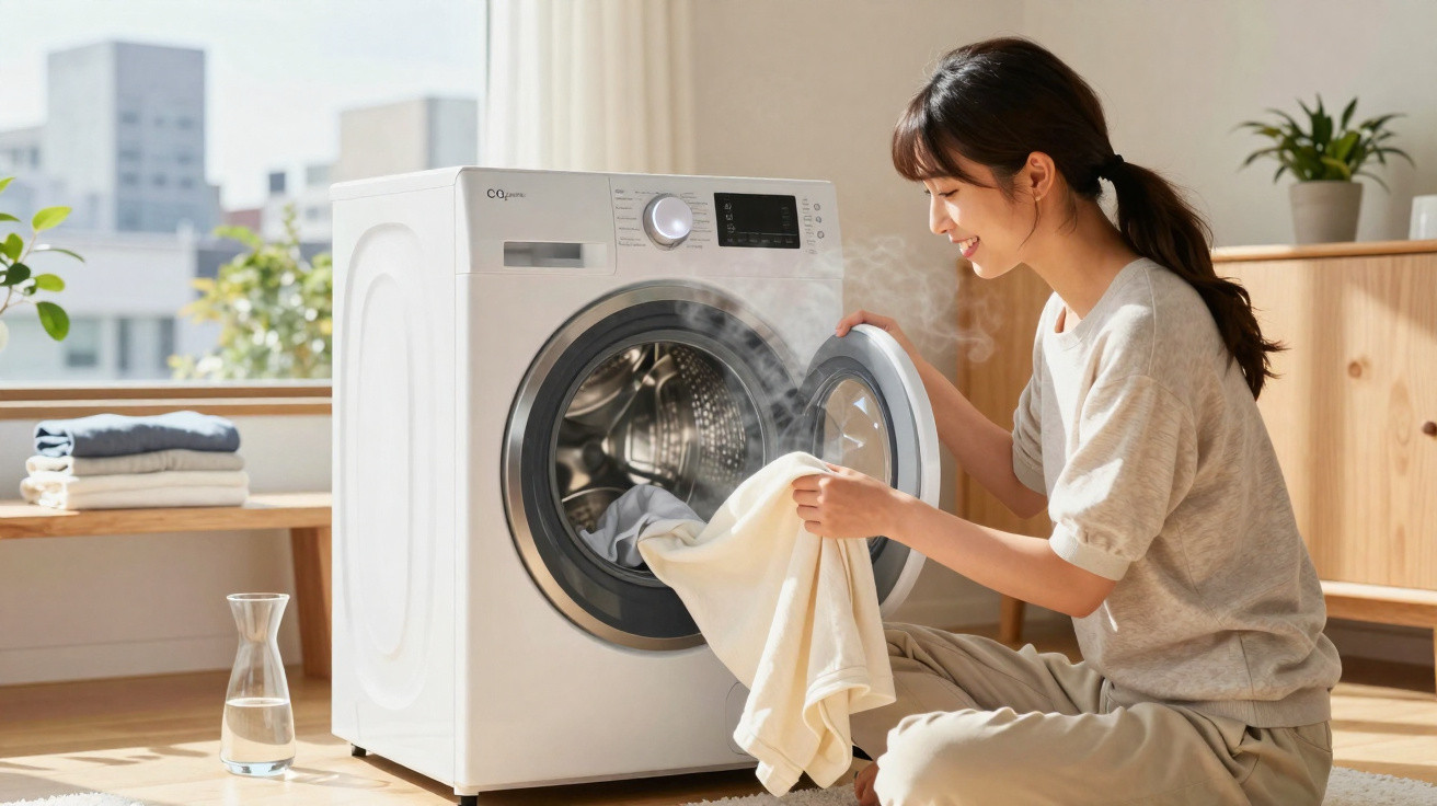 Woman happily unloading warm laundry from a steaming front-loading washing machine in a sunlit room.