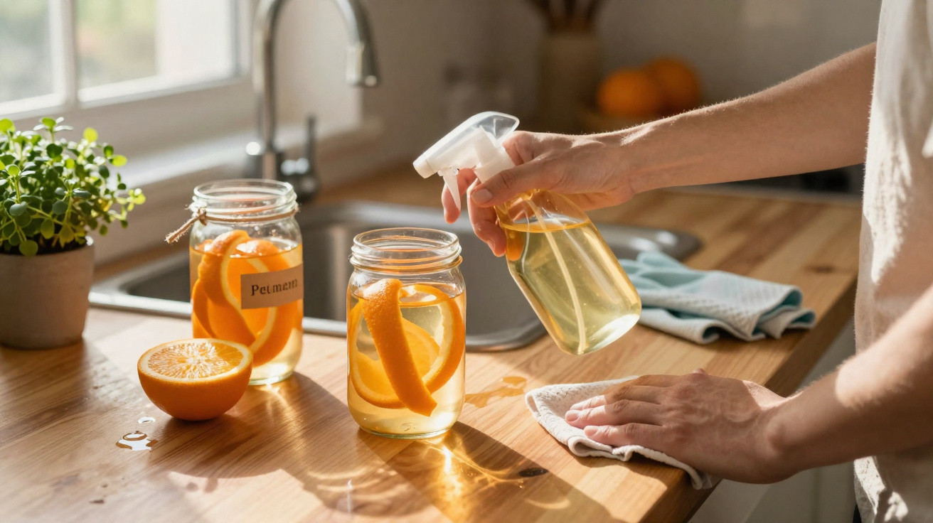 Hand spraying cleaning spray and wiping wooden kitchen counter with jars of orange-infused water nearby in sunlight.