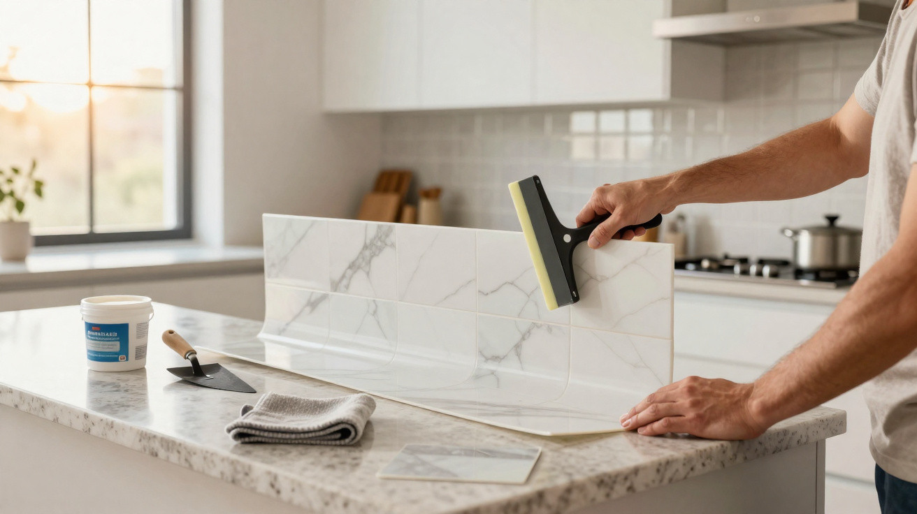 Person applying marble-effect peel-and-stick backsplash tiles on a kitchen countertop.