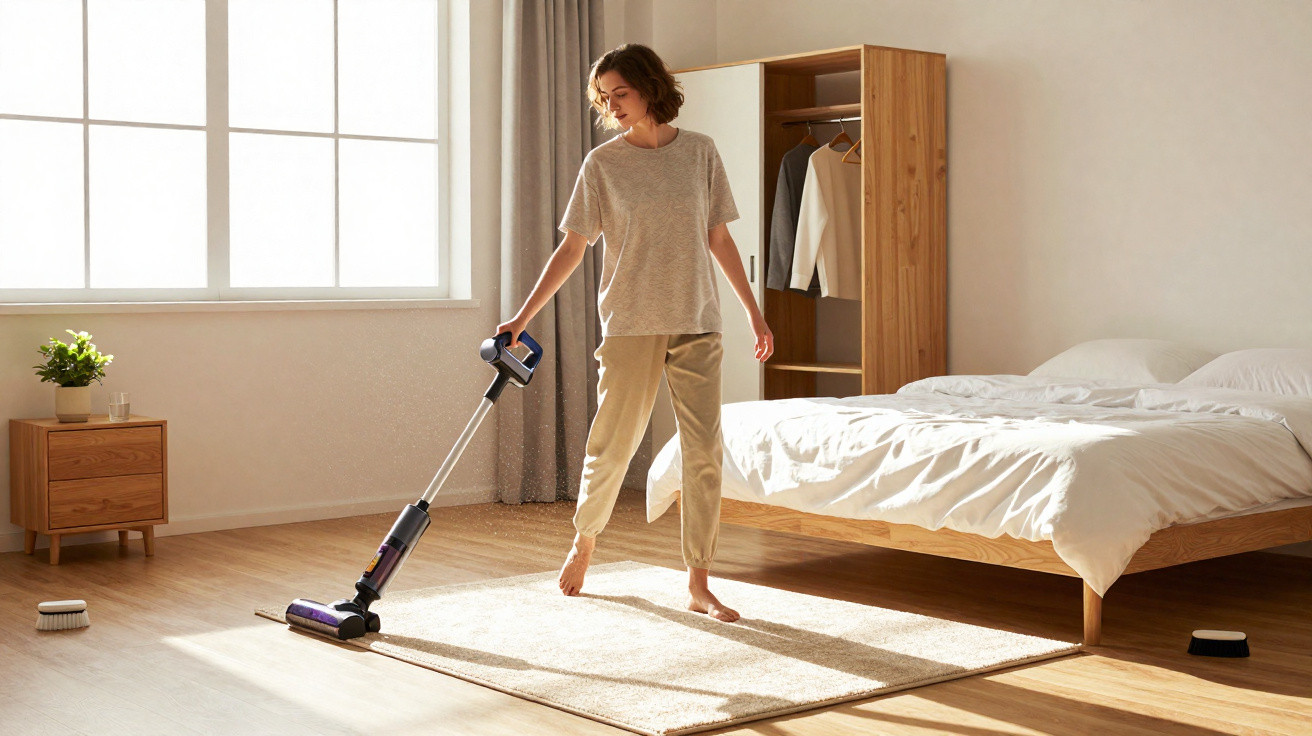 Woman vacuuming a rug in a bright, minimalist bedroom with wooden furniture and natural light.