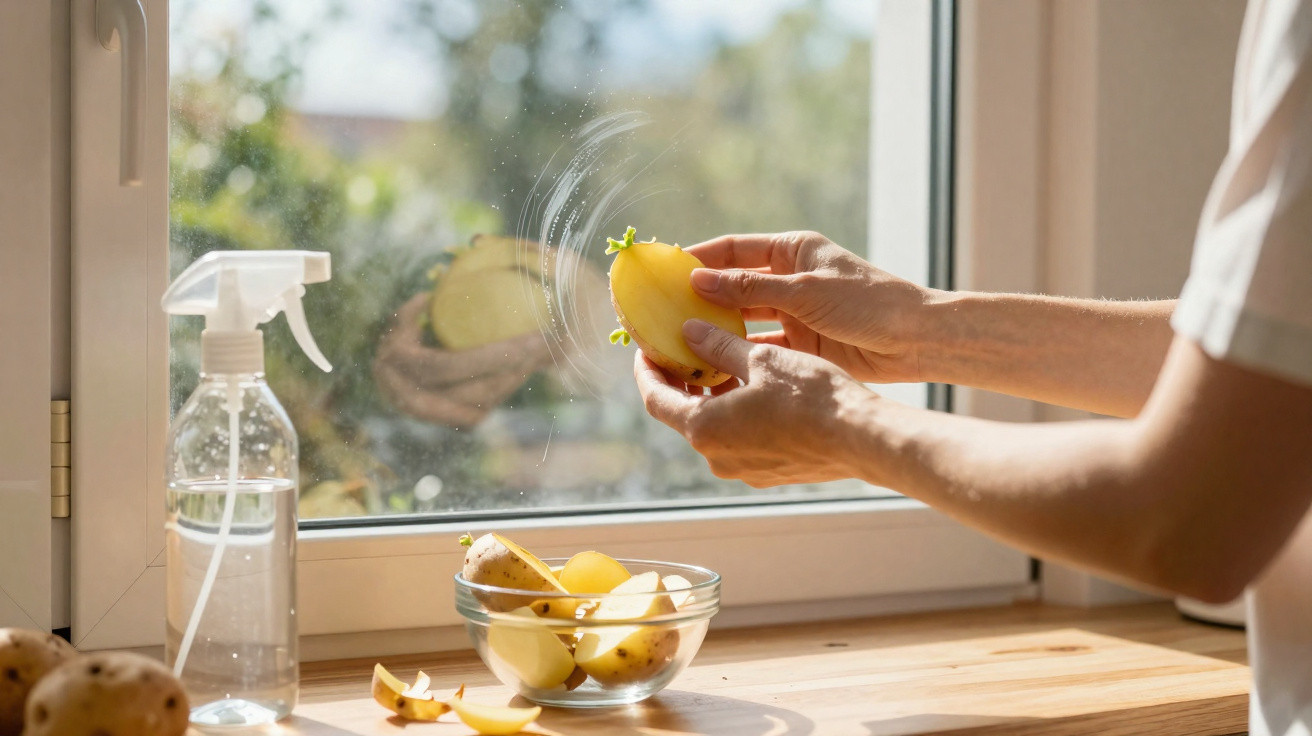 Person peeling potato by a window with a bowl of potatoes and a spray bottle on a wooden surface.